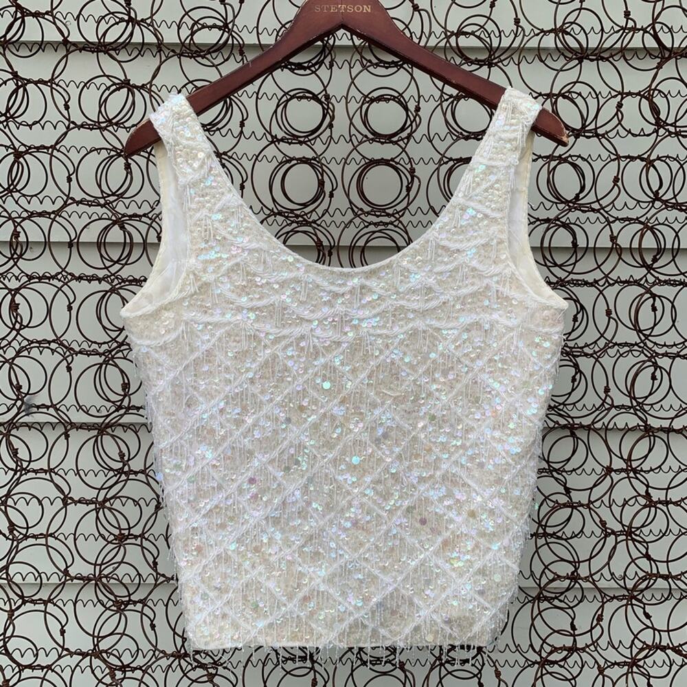 Vintage 60s Helen Fashions 100% wool beaded and sequined cream sleeveless blouse